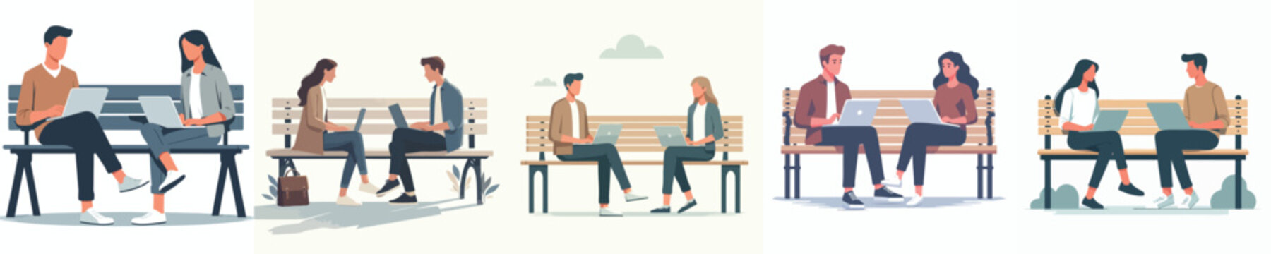 vector of man and woman sitting on a park bench with a laptop discussing