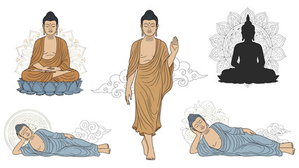 Collection of Buddha poses illustrating spiritual journey and enlightenment seated, walking, and reclining figures, with intricate mandalas and clouds
