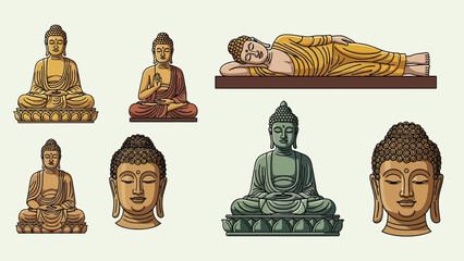 Collection of various peaceful Buddha statues and sculptures in different poses and colors, representing Buddhist art and spirituality