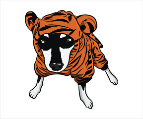 Dog Wearing Tiger Costume Hoodie Funny Pet Illustration with Striped Outfit