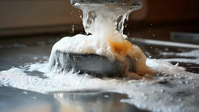 Medium shot of hyperlift foam powerfully lifting stubborn grease and grime from kitchen surfaces with dynamic action.
