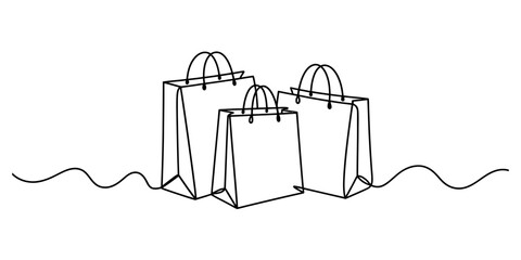Continuous line art drawing of three minimalist shopping bags symbolizing retail and consumerism © Nikhil Ray