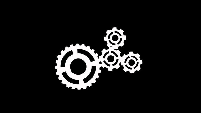 Animation of fore rotating gears of different sizes on black background. Perfect for overlays, technology videos, teamwork concepts, engineering, and creative projects
