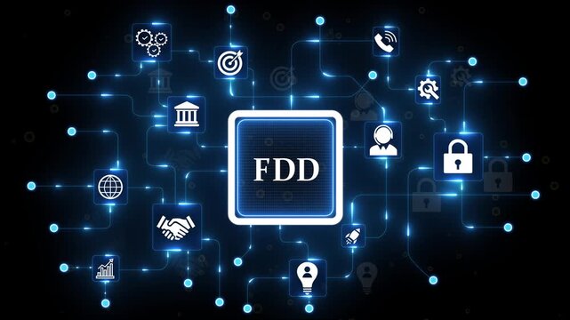 Digital concept of FD with interconnected icons and glowing blue lines on a dark background Keywords: FD, Fixed Deposit, 4k animation motion video..