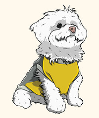 Cute White Fluffy Dog Wearing Yellow Bandana Sitting Portrait Illustration