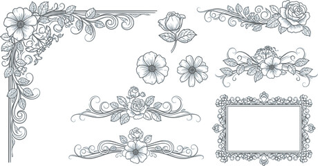 Fototapeta premium Vector set of decorative vintage frames and ornamental floral borders featuring ornate victorian scrolls and calligraphic design elements for retro pattern decoration