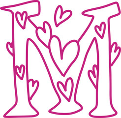 M monogram letter hand drawn with hearts. Pink alphabet symbol isolated on white.