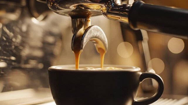 Brewing Perfection: A captivating close-up of a coffee machine in action, meticulously crafting a rich and aromatic cup of espresso. The image highlights the details, textures.