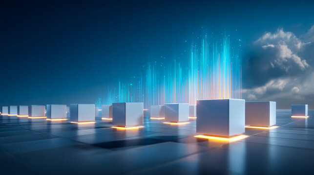 Futuristic Visual of Floating Cubes Symbolizing Cloud Technology and Virtual Data Space