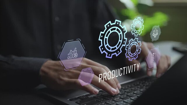 Digital productivity system with virtual icons for tasks, time management and analytics. Business professional optimizing workload and efficiency via an online platform.