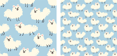 Cute Fluffy White Dog Seamless Pattern on Blue, Kawaii Samoyed Cartoon Pet Background
