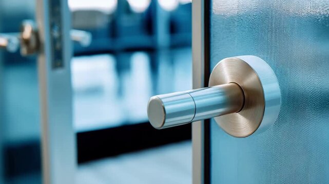 Medium shot of antimicrobialintegrated door handles in a public space focusing on safety features that reduce microbial transmission on frequently touched surfaces.