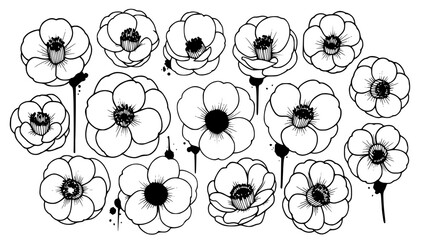 Collection of stylized black and white hand-drawn anemone flower illustrations featuring detailed centers and delicate petals.