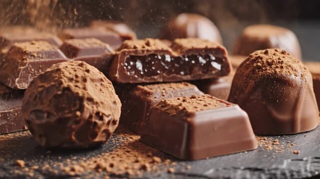 Decadent chocolate display: An enticing assortment of rich, dark chocolates, some dusted with cocoa, promises a moment of pure indulgence.