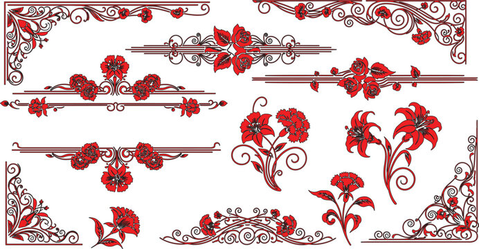 Set of red and black abstract banners featuring blood splatters and a vintage floral ornament border with baroque scroll elements and ornate leaf patterns in a silhouette vector illustration