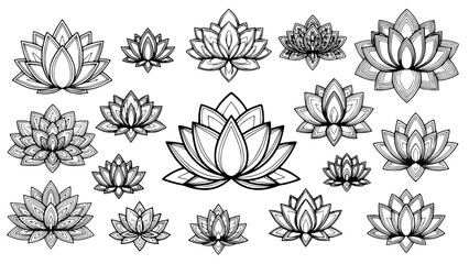 Collection of beautifully detailed black and white lotus flower illustrations perfect for various creative design projects