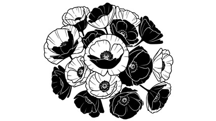 Striking black and white illustration featuring a clustered arrangement of beautiful poppy flower blooms with detailed petals