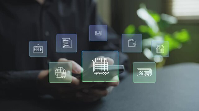 Online shopping concept showing a person using a smartphone with digital shopping cart and payment icons. Buying products online, mobile commerce and secure digital transactions.
