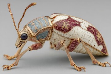 Ornamental jeweled weevil figurine in crackled white enamel with hand-painted maroon and blue flowers, gold details, black gem eyes, segmented legs, and striped antennae. Macro side view 