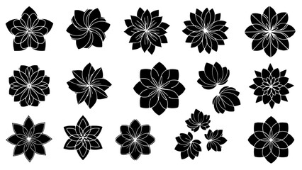 Collection of stylized black and white floral silhouette icons showcasing various symmetrical geometric lotus petal designs.