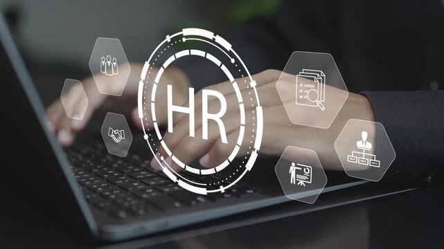 HR management concept showing a professional using a laptop with digital human resources icons. Managing recruitment, employee data, performance and workforce planning through modern technology.