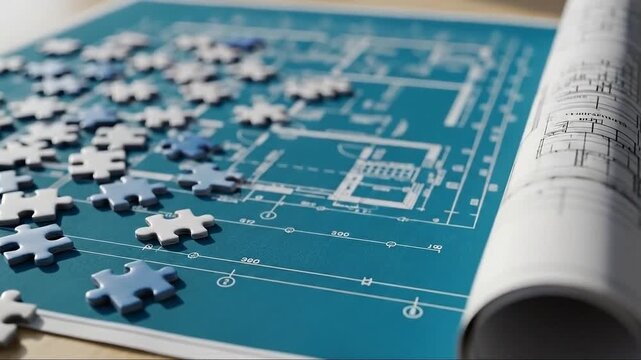 Architectural Puzzle Pieces Scattered on Blueprint on Desk.