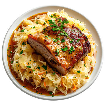 An overhead view of a savory mulgikapsad pork and sauerkraut dish, showcasing its ingredients, isolated on a dark background