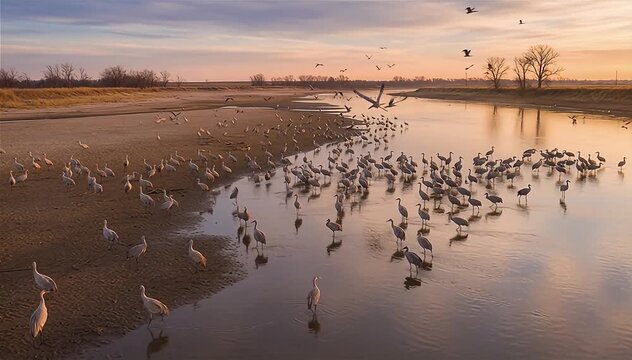 The sandhill cranes (Antigone canadensis) migrate for resting and breeding at sandbanks of the Platte River in Nebraska, North America
