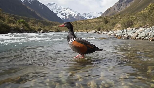 The torrent duck (Merganetta armata) collect a little food from below the surface on the river of the Andes in South America.
