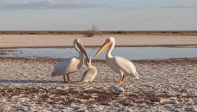 Pelican parents (Pelecanus onocrotalus) feeding chick on Kati Thanda&ndash;Lake Eyre,  South Australia.
