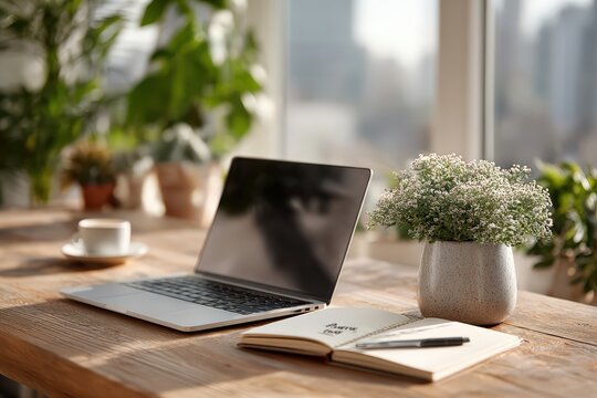 Minimalist workspace with single laptop and notepad showing three priority tasks written, empty desk space emphasizing focus and intentional simplicity, essentialism and mindful productivity.