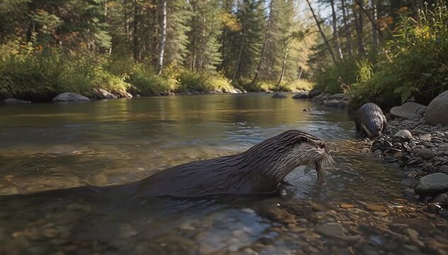 Otters (Lontra provocax) searching for food in rivers, North America.
