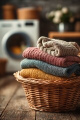 Obraz premium Damp clothes in laundry basket near washing machine showing musty smell and humidity problem, neglected household chore representing fabric care hygiene issue and domestic cleaning challenge.