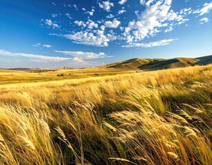 Obraz premium Golden grass waves under a bright blue sky with fluffy clouds.
