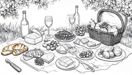 Detailed Picnic Illustration with Wine, Cheese, and Bread.