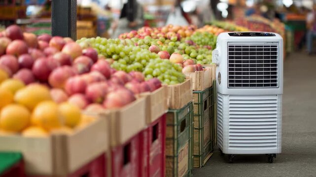 Close medium shot of a portable cooling unit next to fresh fruit boxes emphasizing compact design and efficiency in maintaining optimal temperature with a softly outoffocus setting