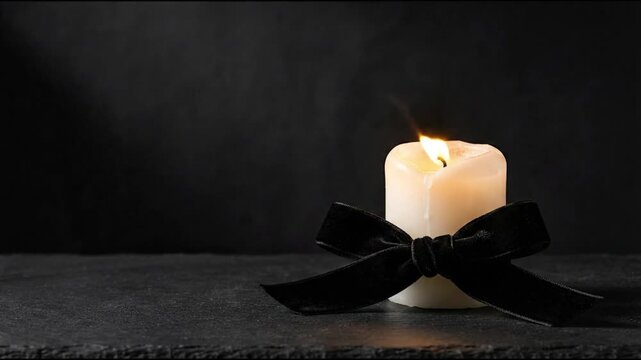 Burning White Candle with Black Ribbon Bow for Mourning, Funeral, and Remembrance