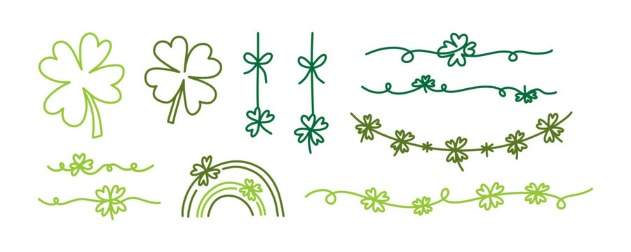 St. Patrick's Day shamrock clovers and rainbow line art set. Minimalist green dividers, borders and decorative elements for Irish holiday greeting cards. Patrick's Day doodle lucky elemens set.