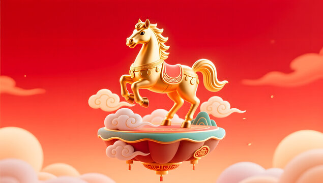 3D skeuomorphic golden horse on floating islands for 2026