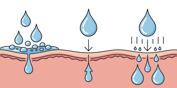 Infographic of water drops on and in layers of human skin  absorption process