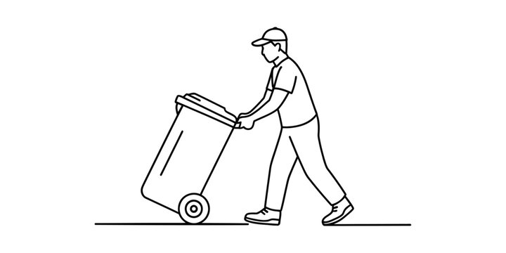 Sanitation worker pushing a wheeled garbage bin, line art illustration representing waste management