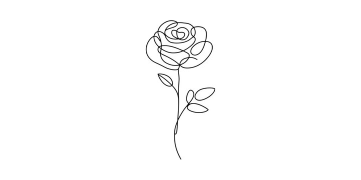 Minimalist continuous single line art drawing of a single rose flower with stem and leaves