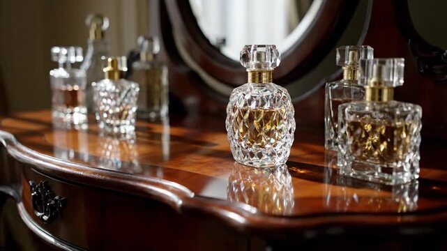 Crystal perfume bottles on a wooden vanity table in soft light