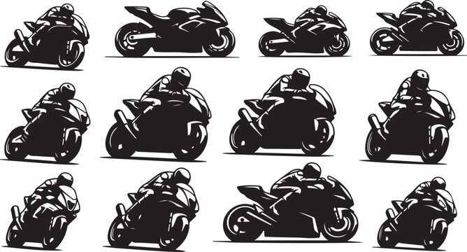Motorcycle riders in various poses and angles illustration set