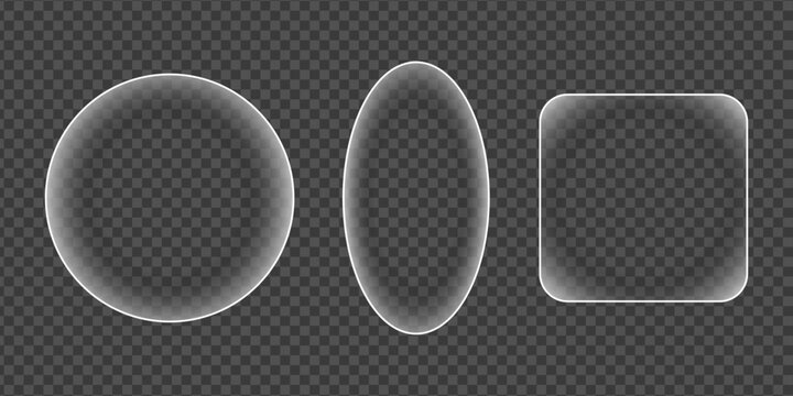 Liquid glass button interface, light frame banner set, glass panel set for mobile and web app, tech board frame in futuristic style. Light png banner collection with glow effect, vector illustration.