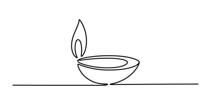 Minimalist single continuous line drawing of a diya lamp with flame on white background