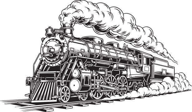 Vintage steam locomotive illustration with billowing smoke side view