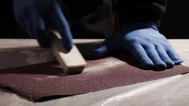 Carpenter sanding wooden block on sandpaper