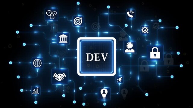 DevOps Integrating Development and Operations for Efficient Software Delivery Illustrated Touched by a Human Hand. 4k animation motion video isolated on technology .