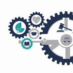 Interlocking gears with icons for health, law, and education representing interconnected systems